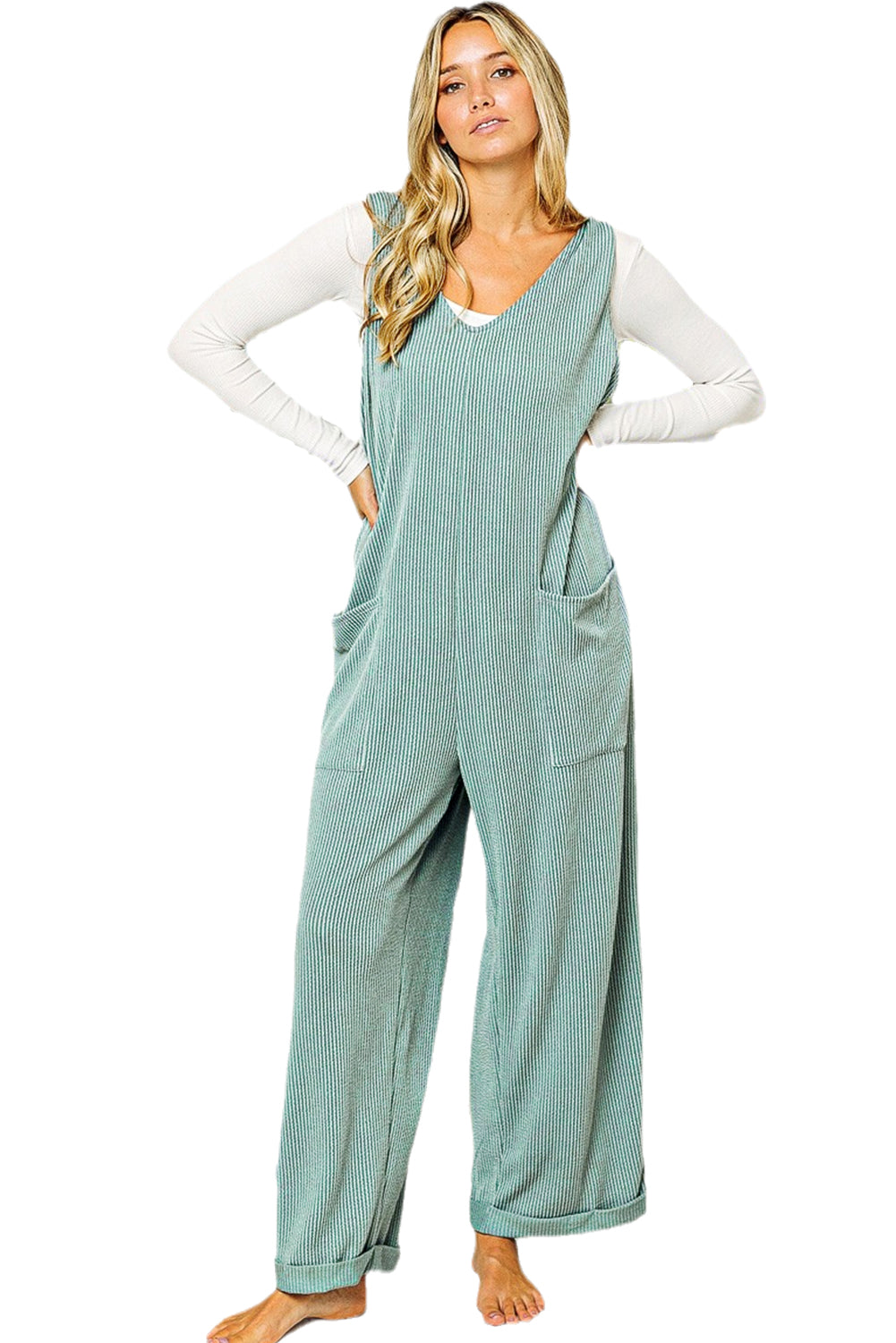 Moonlight Jade Cordelstroker Riemen V-Neck Een wide been jumpsuit