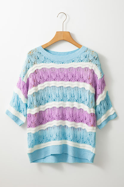 Purple Strip Color Block Hollow Out Crochet Half Sheeves Sweater