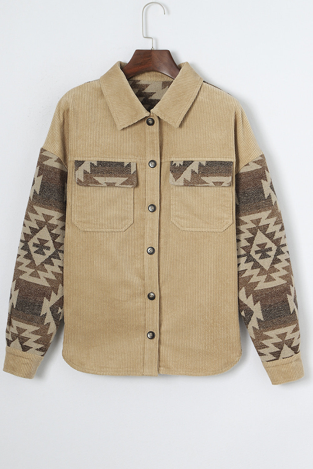 Khaki aztekenmuster patchwork ausgefranste kordjacke