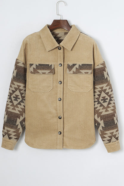 Khaki aztekenmuster patchwork ausgefranste kordjacke