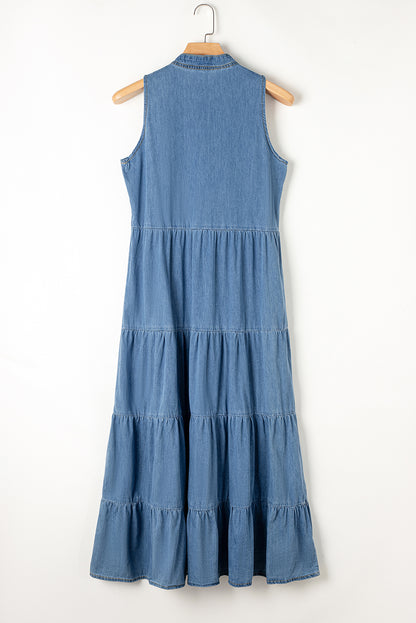 Blauwe mouwloze, geclassificeerde Chambray Maxic Dress