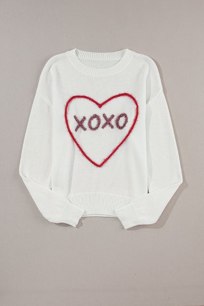 Weißes herz xoxo muster drop shoulder rippe stricken pullover