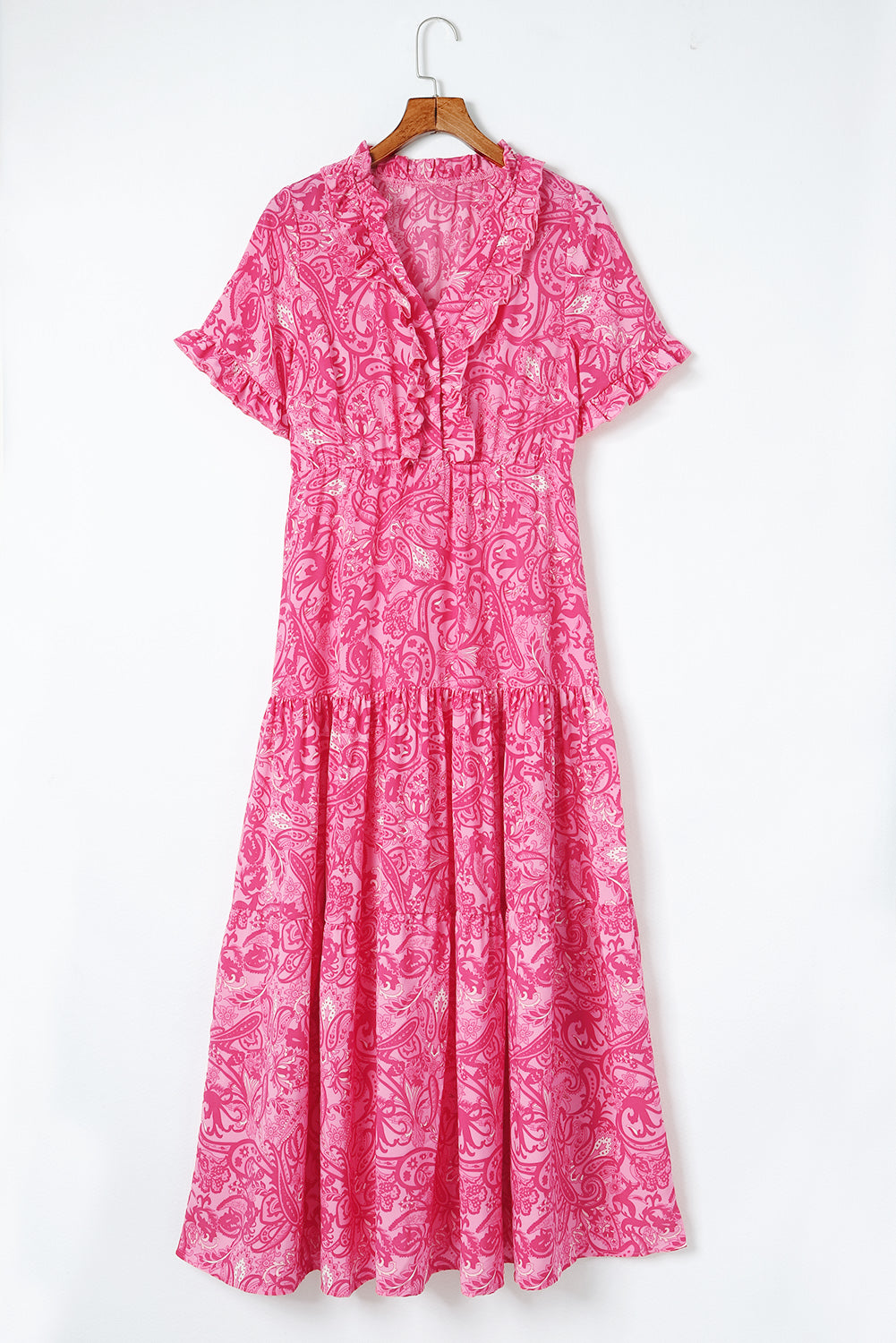 Rosa paisley print boho holiday ruffle tiered maxikleid