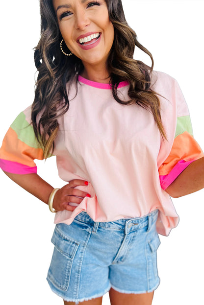 Roze kleurblok naad mouwen ronde hals halslijn oversized top