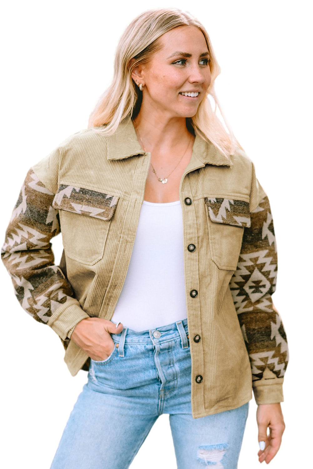 Khaki aztekenmuster patchwork ausgefranste kordjacke