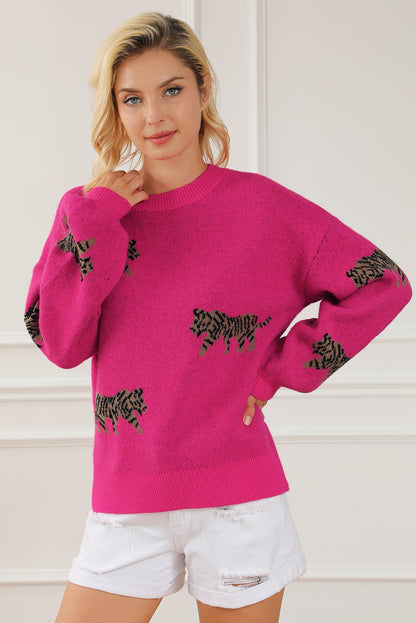 Rose Red Fierce Animal Pattern Casual Sweater gebreid