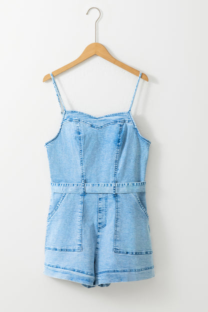 Beau Blue Spaghetti Carrier Denim-Romper met riem