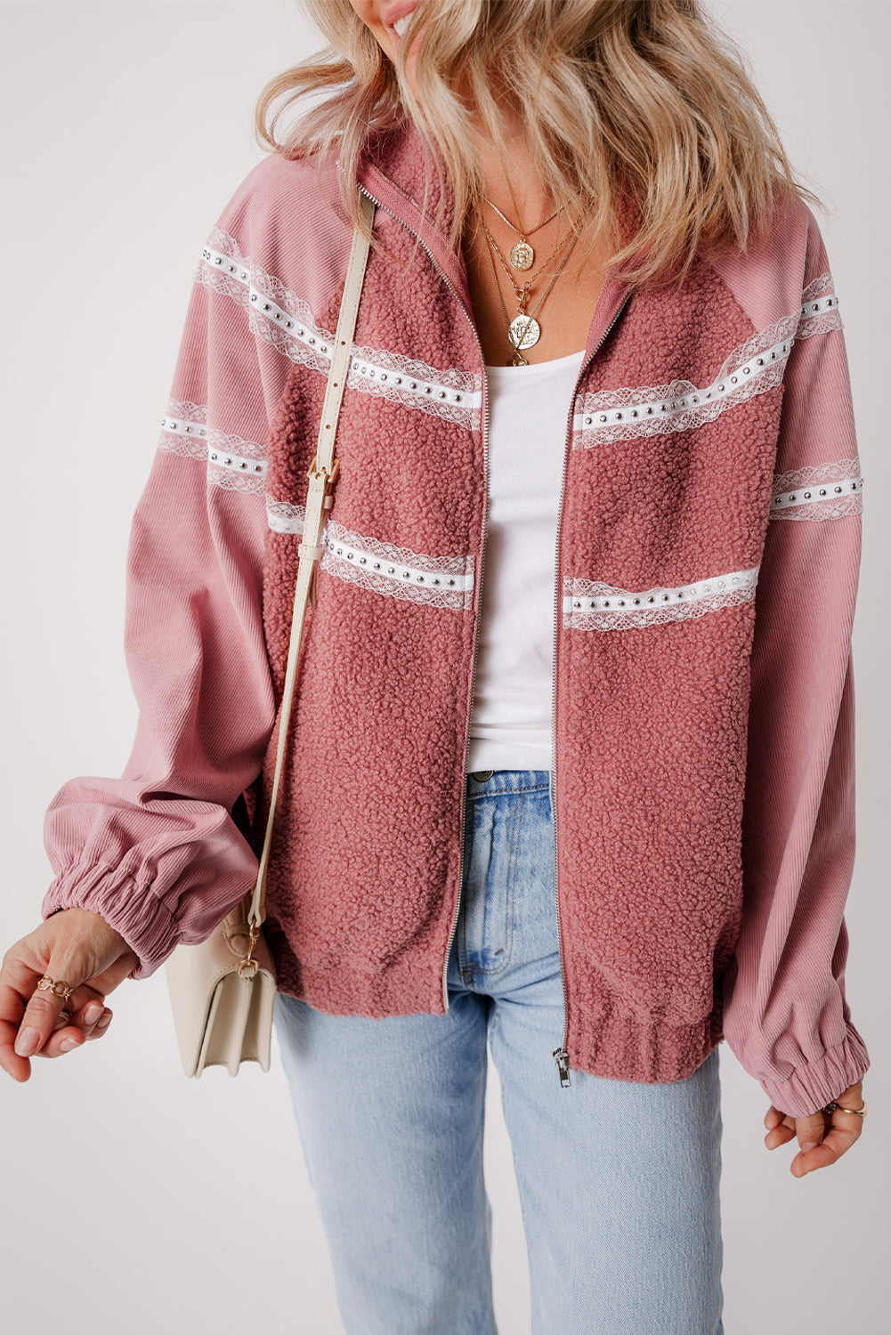 Rosa Sherpa Patchwork Point Elastic Cuffers Zip Up Jacket