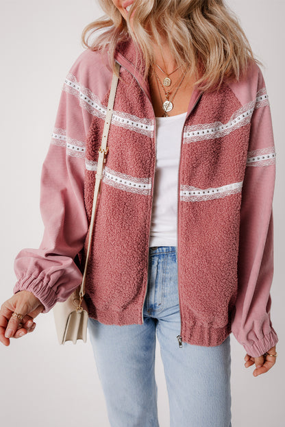 Rosa Sherpa Patchwork Point Elastic Cuffers Zip Up Jacket