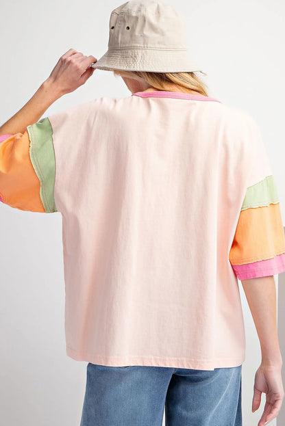 Roze kleurblok naad mouwen ronde hals halslijn oversized top