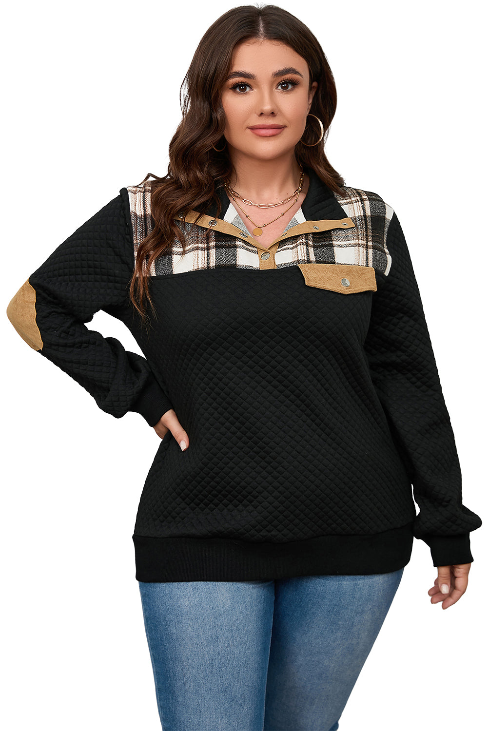 Schwarz plus größe gesteppt plaid patch henley pullover