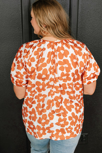 Orange plus größe floral print drawstring v hals kurzarm bluse