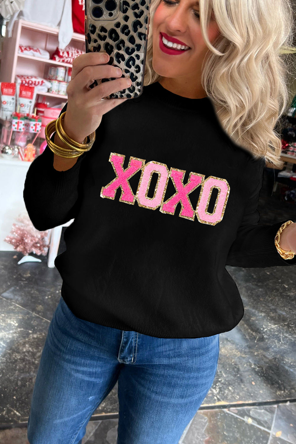 Schwarzer xoxo glitter print rundhalsausschnitt casual pullover