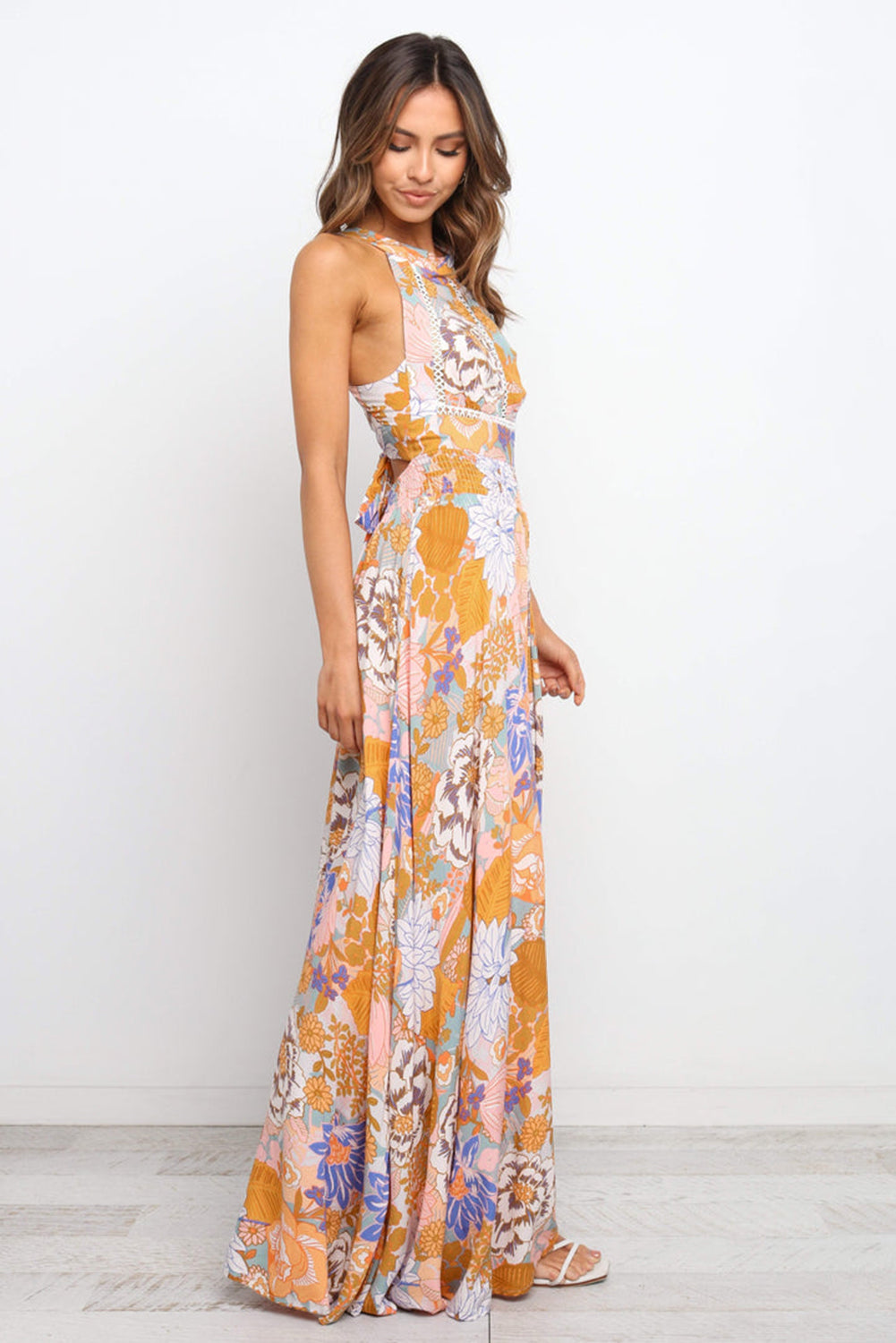 Oranje boho bloebroof puntige mouwloze maxi -jurk