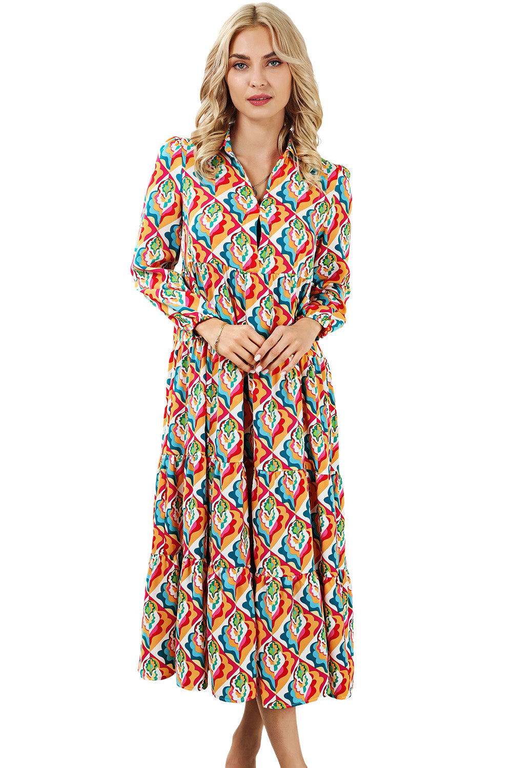 Multicolor abstrakt geometrisch print langärmeliges kleid mit hoher taille