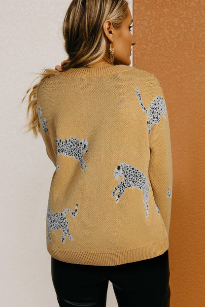 Camel fuzzy cheetah akzent rundhalsausschnitt pullover