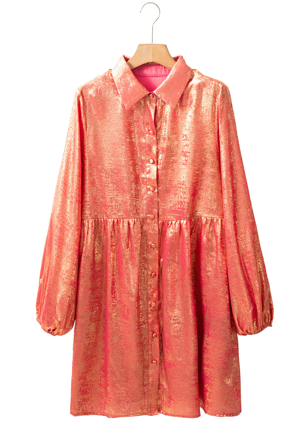 Peach Blossom Metallic Sheen puff mouwen knopen mini -shirtjurk