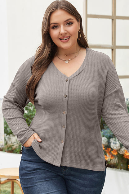 Simply taupe waffle knit drop shoulder knopf v-ausschnitt plus größe top