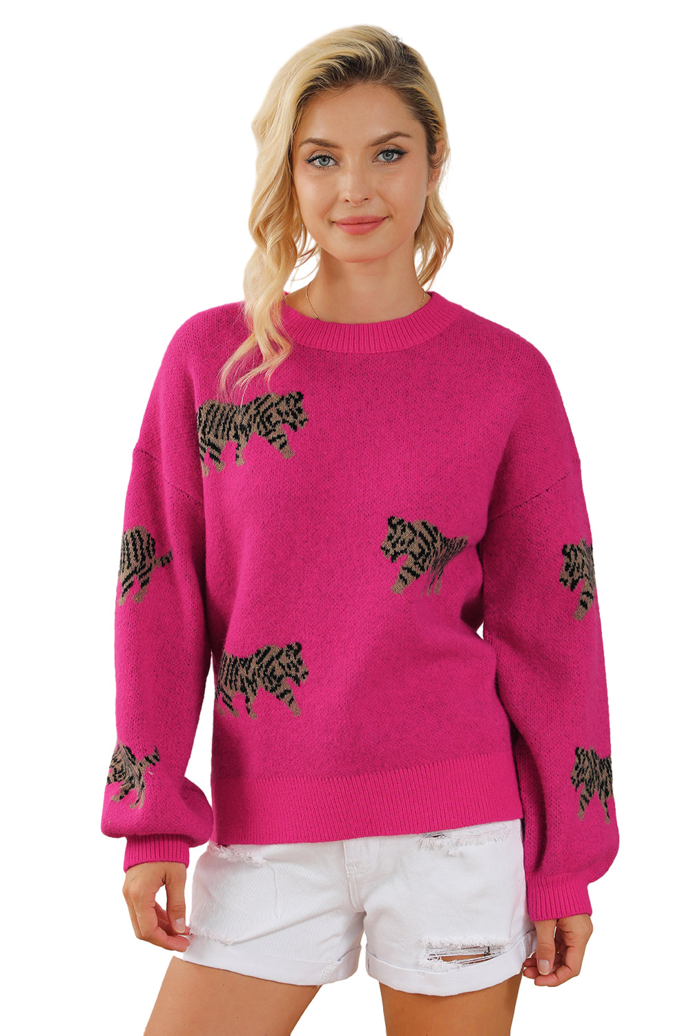 Rose Red Fierce Animal Pattern Casual Sweater gebreid