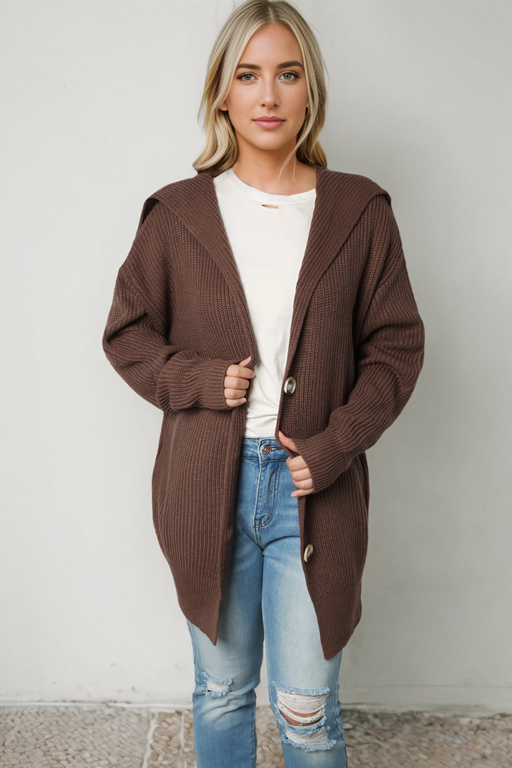 Brown chunky knit reverskragen knopfleiste cardigan