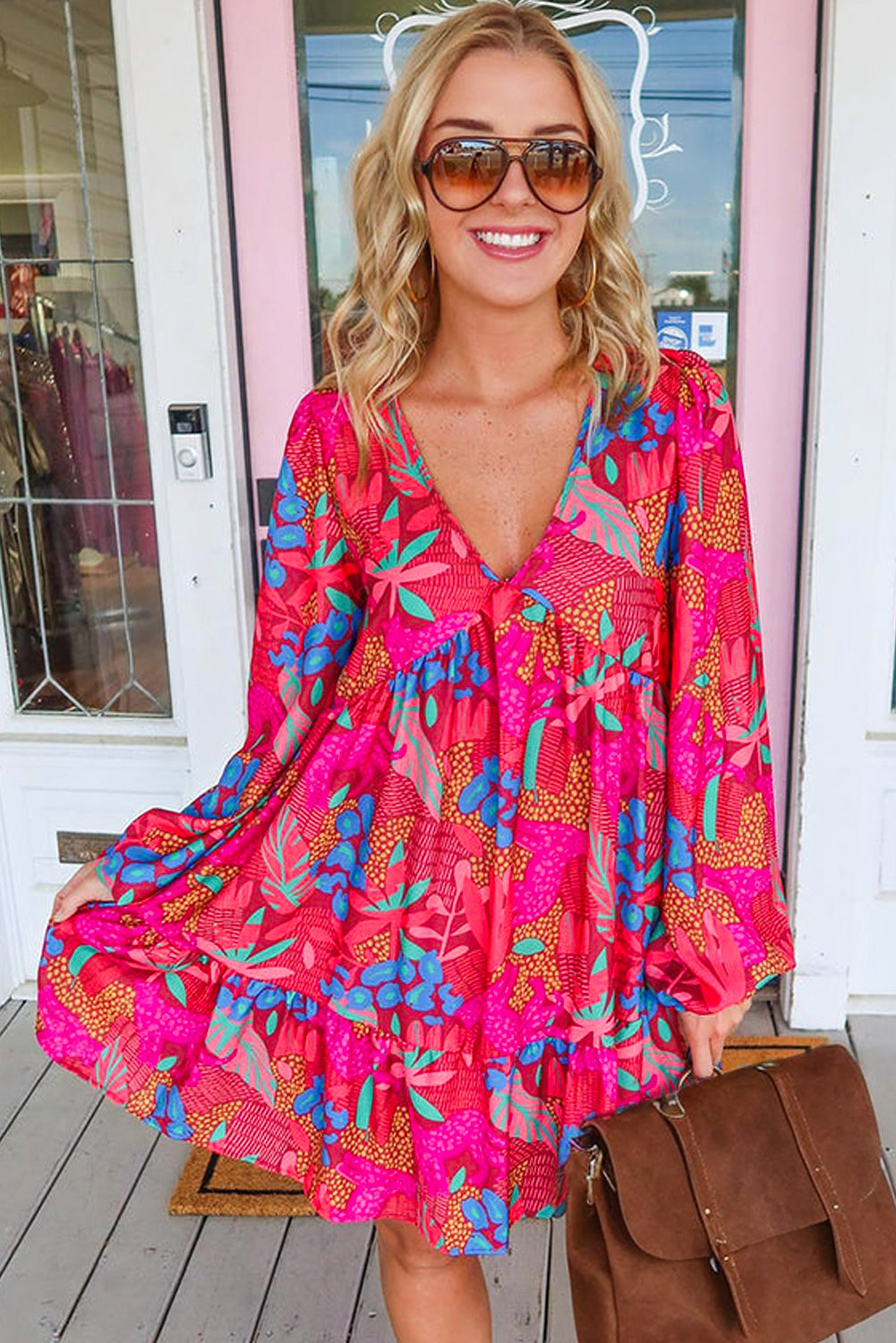 Rose floral print v-ausschnitt bubble sleeve ruffled mini dress