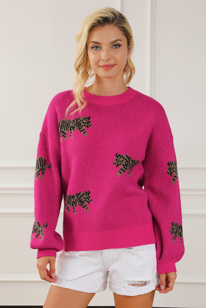 Rose Red Fierce Animal Pattern Casual Sweater gebreid