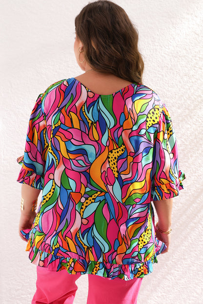 Abstrakter rosendruck plus size bluse mit rüschenbesatz