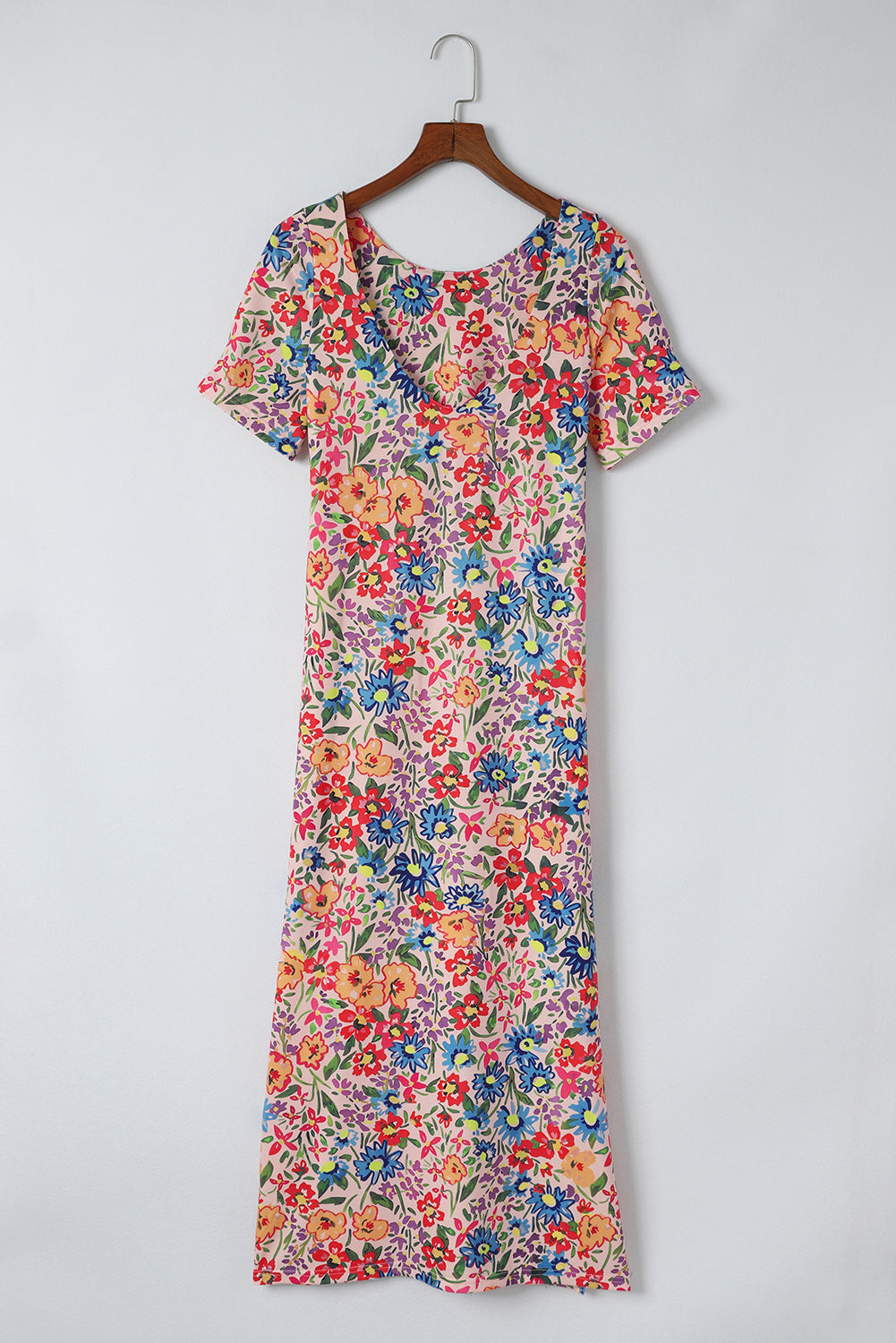 Mehrfarbig-lang-kurze-ärmel-kleid-mit-blumen-print-für-den-urlaub