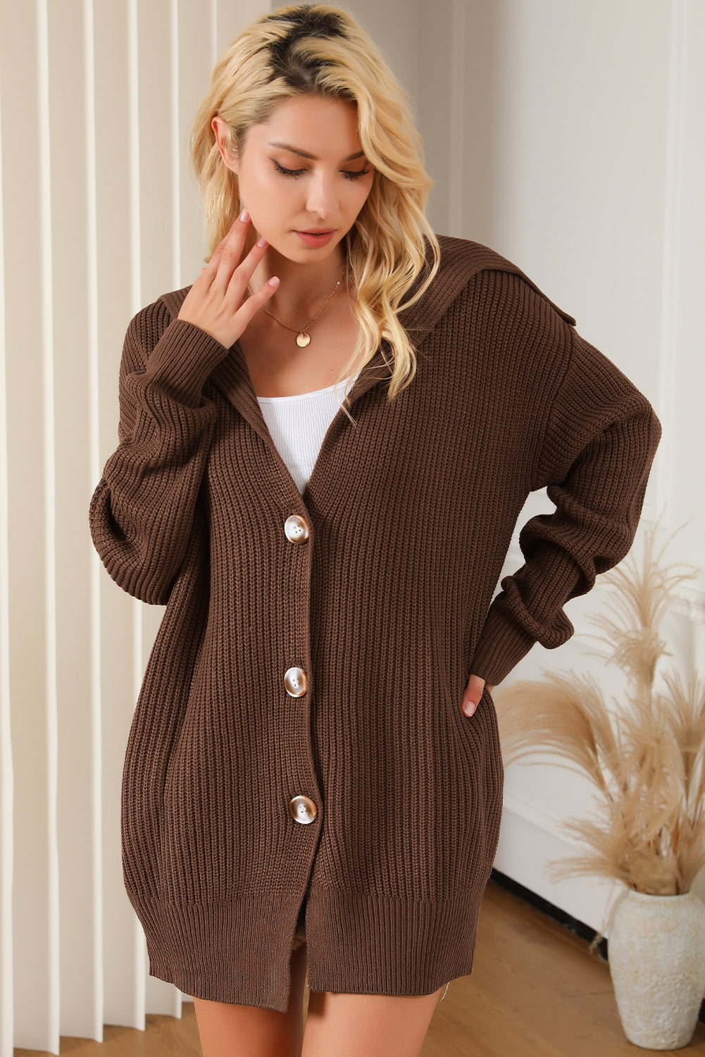 Brown chunky knit reverskragen knopfleiste cardigan