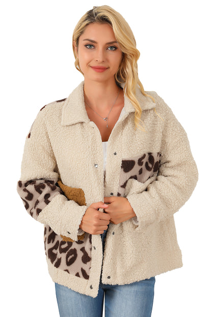 Beige leopard patchwork snap buttons sherpa jacke