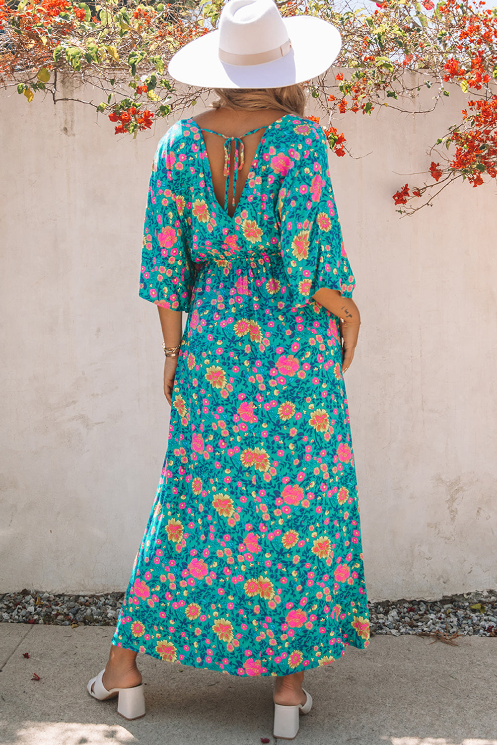 Green Boho Maxikleid met een diep V-hals en bloempatroon