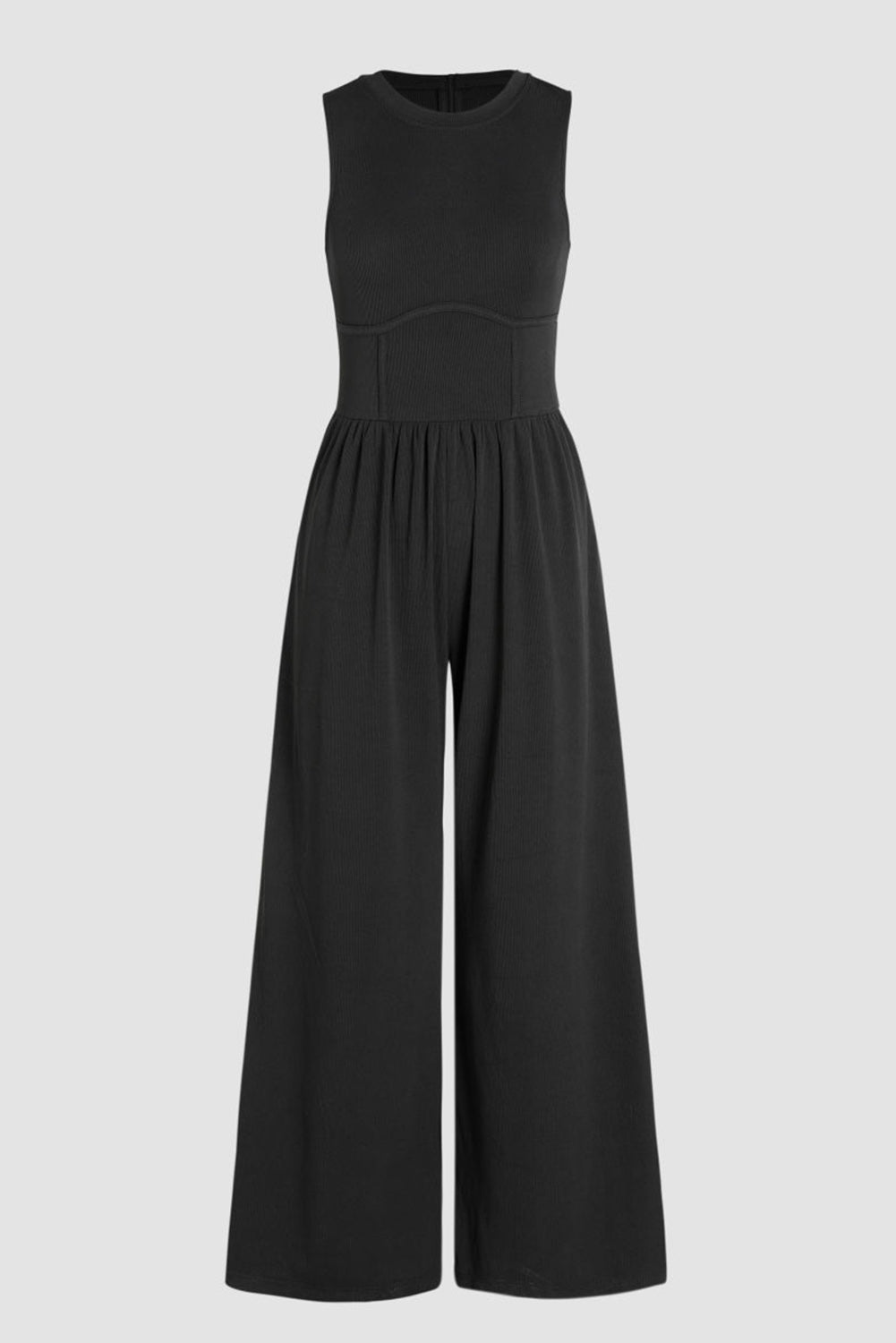 Zwarte mouwloze jumpsuit met brede been en vernauwde taille