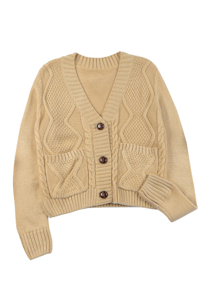 Beige fronttaschen knöpfe strukturierte strickjacke