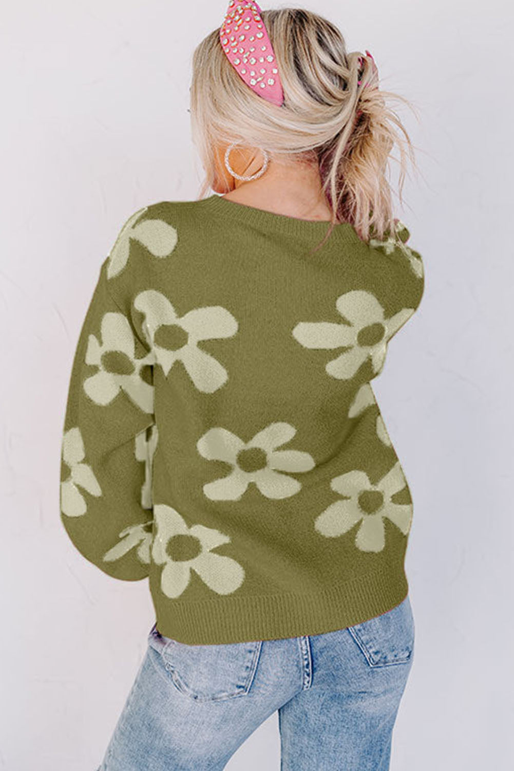 Spinat Green Sweater met grote bloem- en ribbreienpatroon