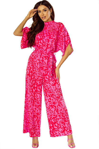 Roze luipaard losse mouwgordel met een wide been jumpsuit