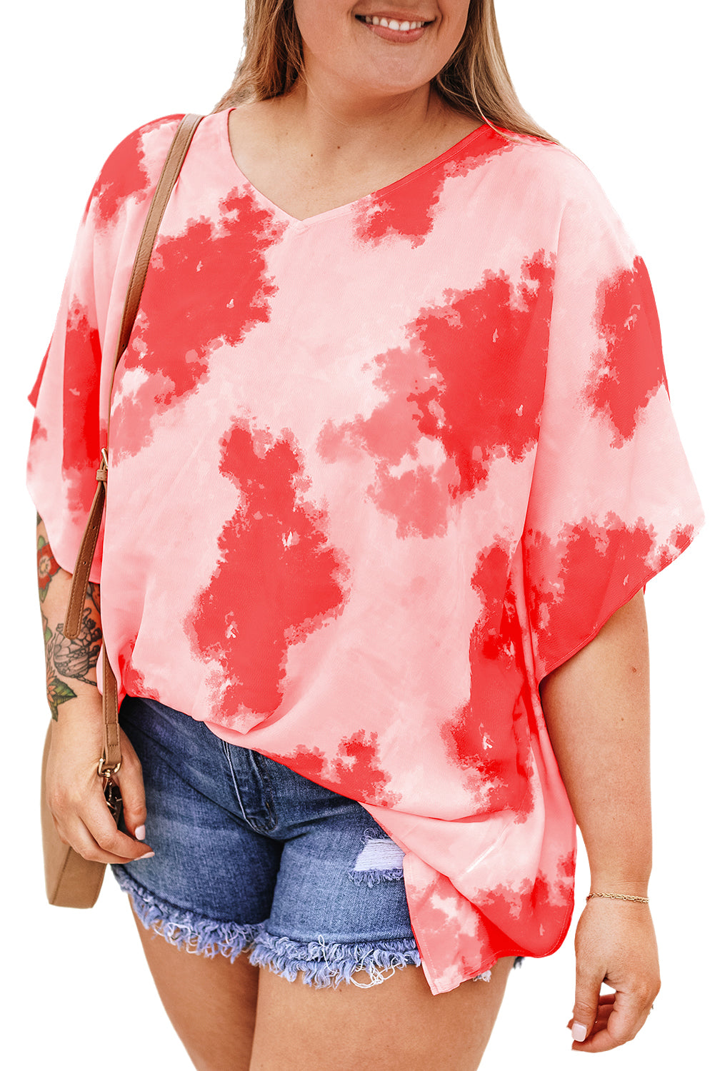 Rot plus größe tie-dye druck 3/4 ärmel tunika top