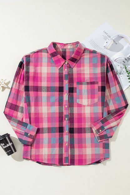 Rose stripe plus size checkered print button up shirt