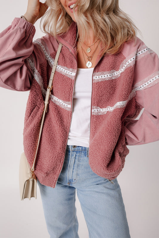 Rosa sherpa patchwork spitze elastische manschette zip up jacke