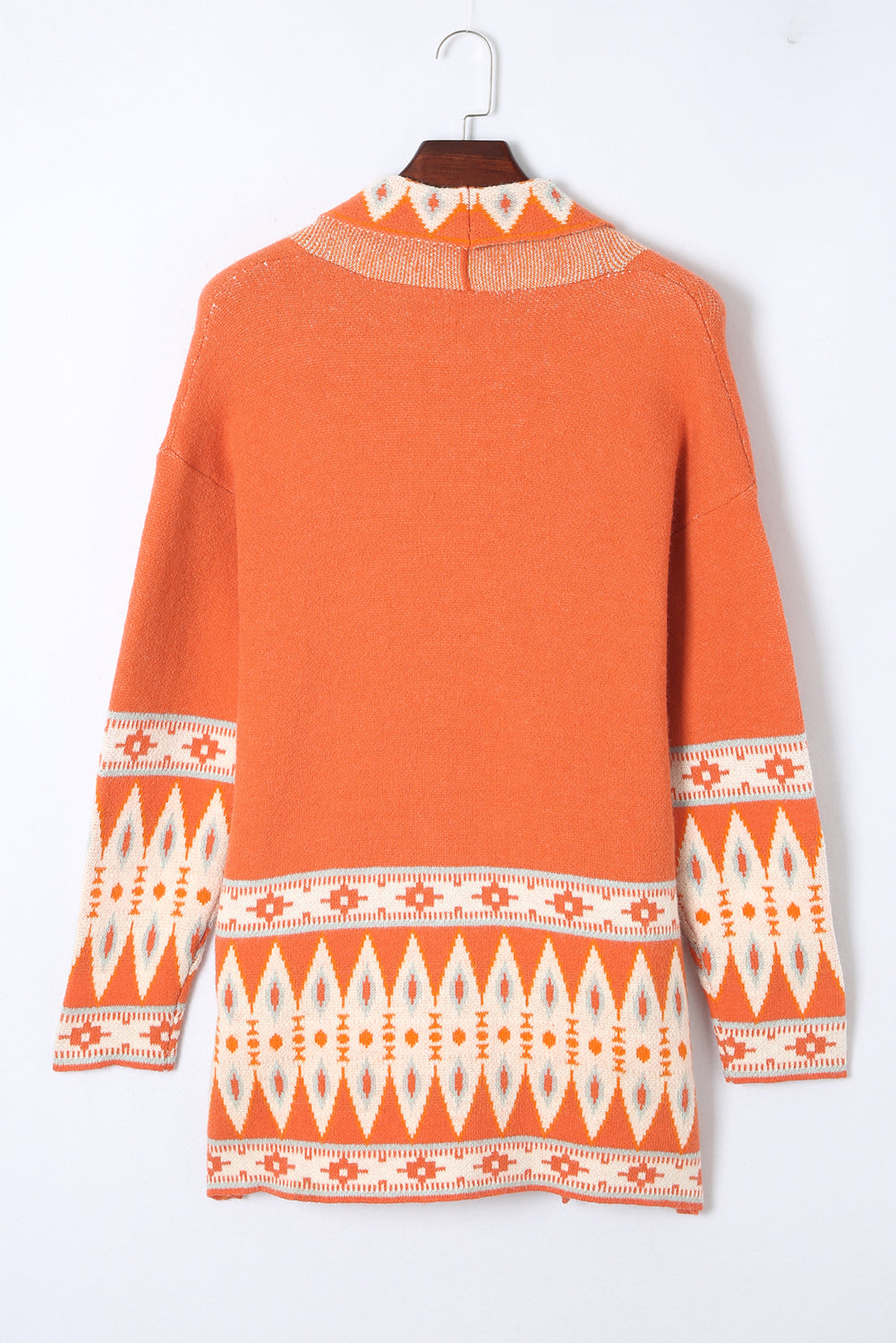 Orange bedruckte azteken-strickjacke mit offener vorderseite