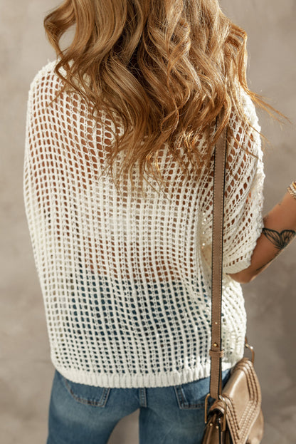 Whit fishnet knit ribbed runde hals kurzarm pullover tee