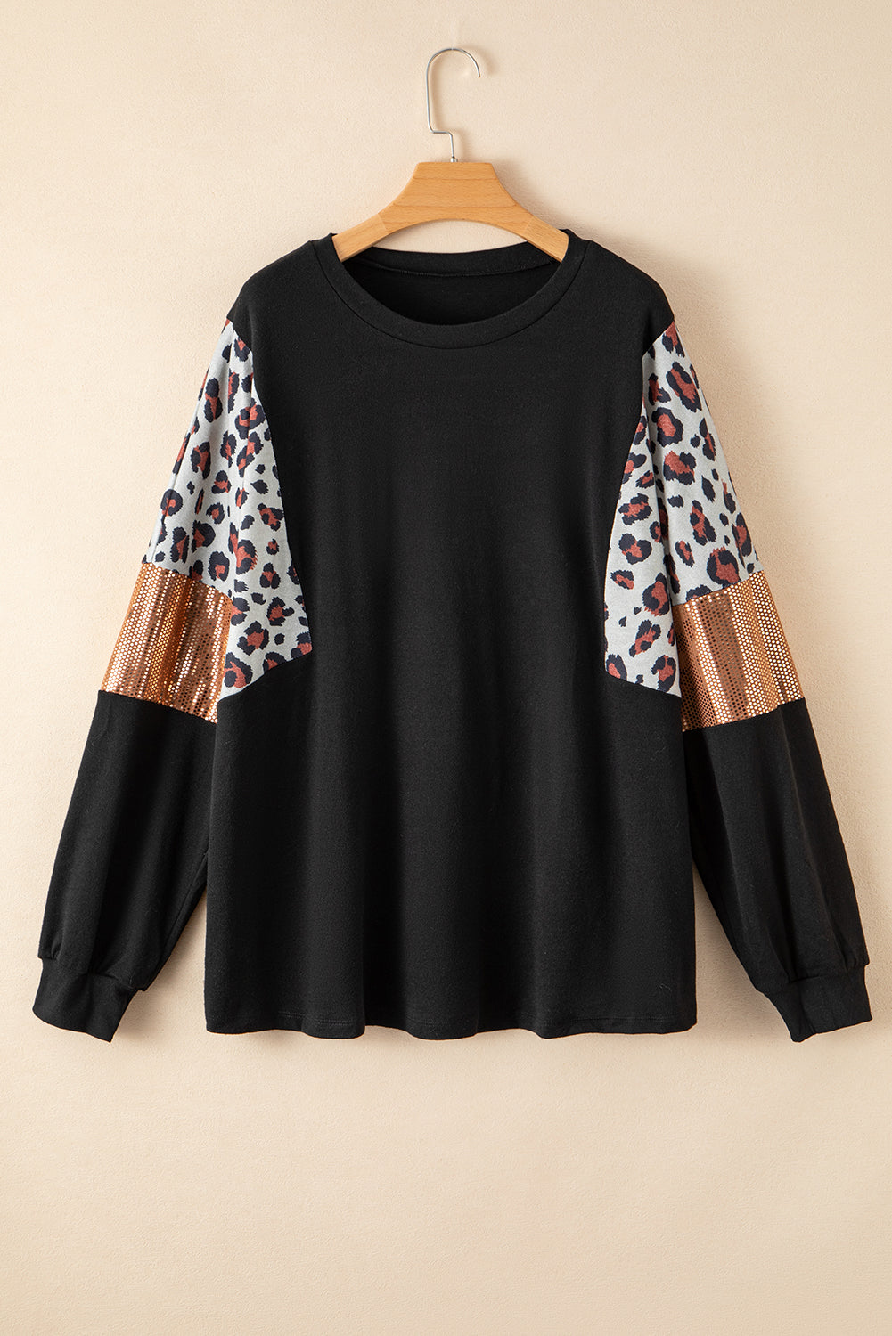 Schwarzer leopard paillettenaufnäher plus size langarm top