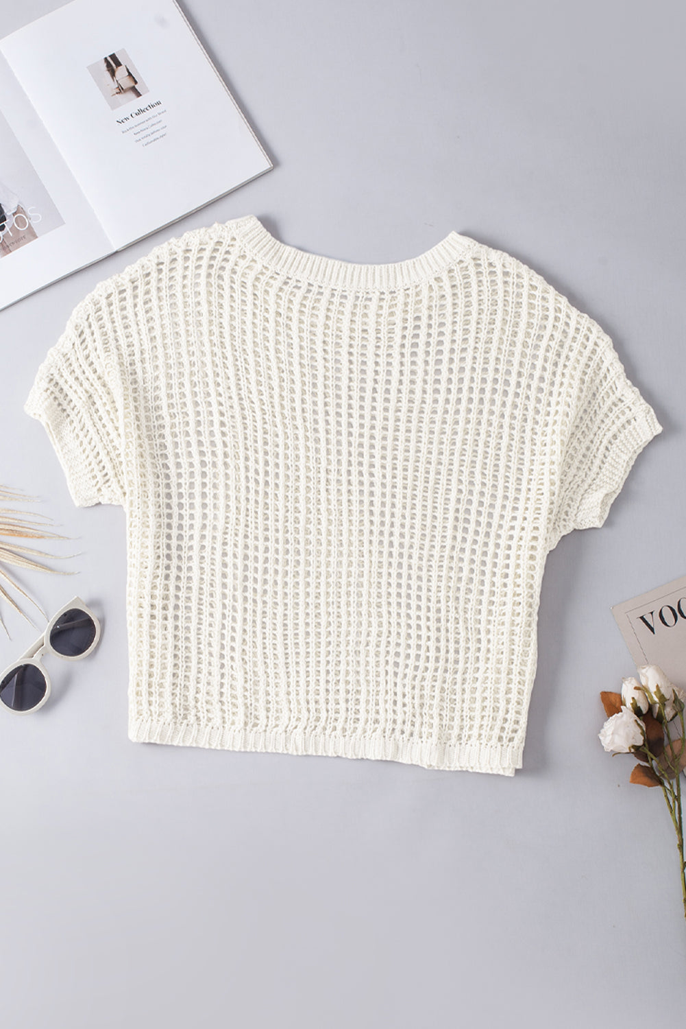 Whit fishnet knit ribbed runde hals kurzarm pullover tee