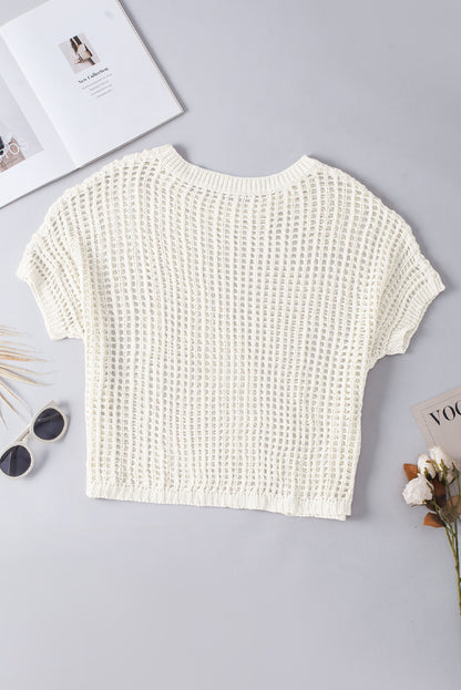 Whit fishnet knit ribbed runde hals kurzarm pullover tee