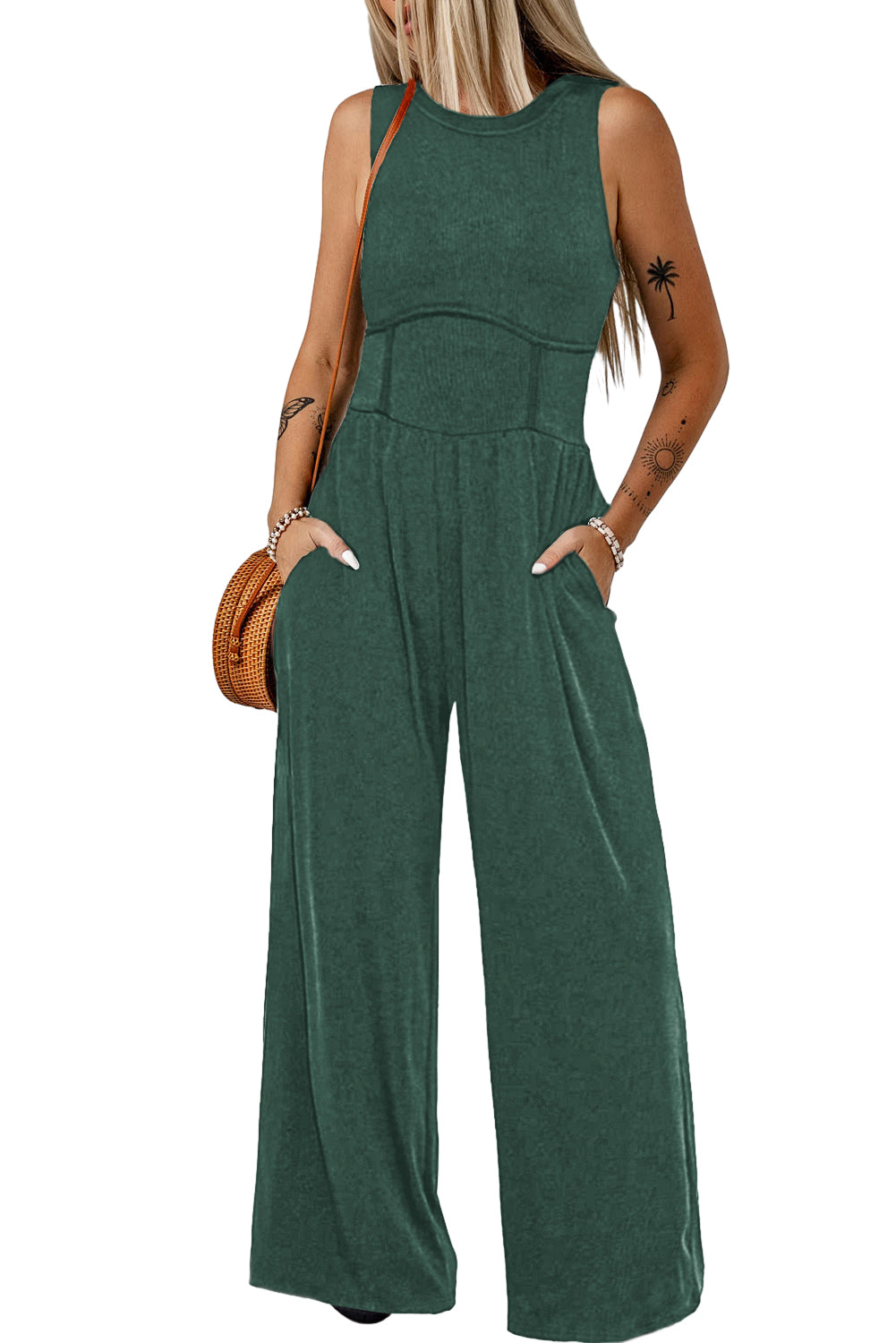 Zwart -Green mouwloze jumpsuit met wide been en geregen taille