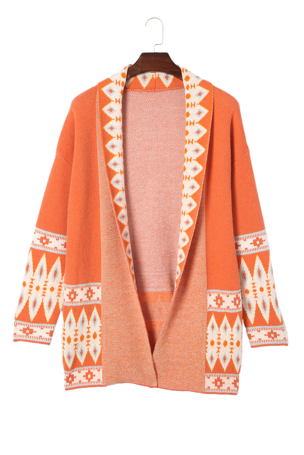 Orange bedruckte azteken-strickjacke mit offener vorderseite