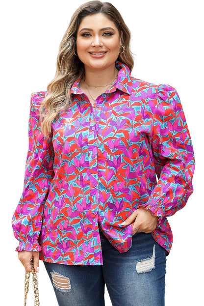 Mehrfarbiges plus size shirt mit gerafften puffärmeln und blumendruck