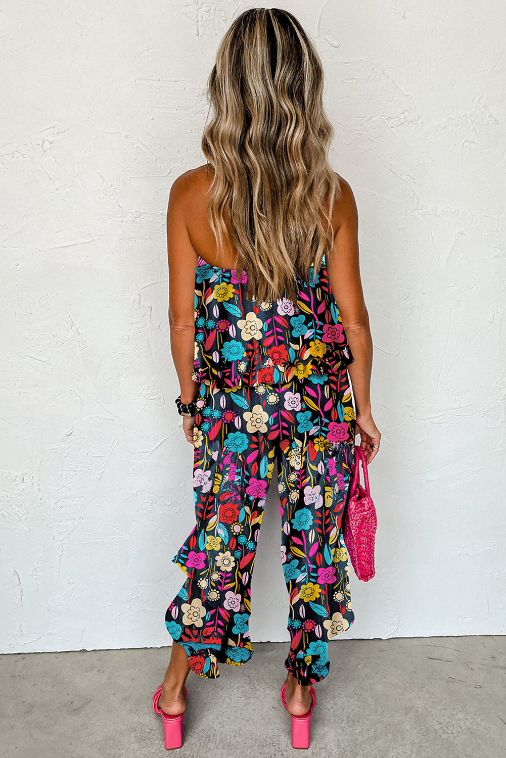 Red Mix Tropical Print Service verwezen jumpsuit