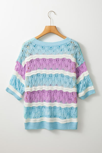 Purple Strip Color Block Hollow Out Crochet Half Sheeves Sweater