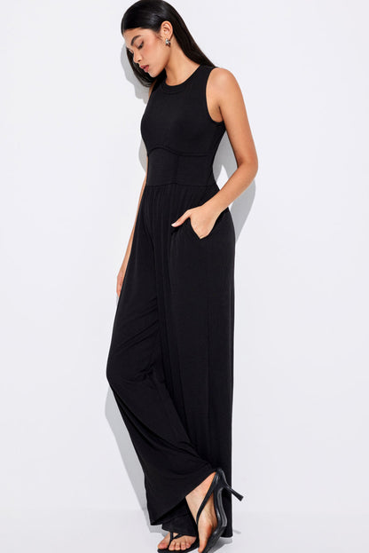 Zwarte mouwloze jumpsuit met brede been en vernauwde taille