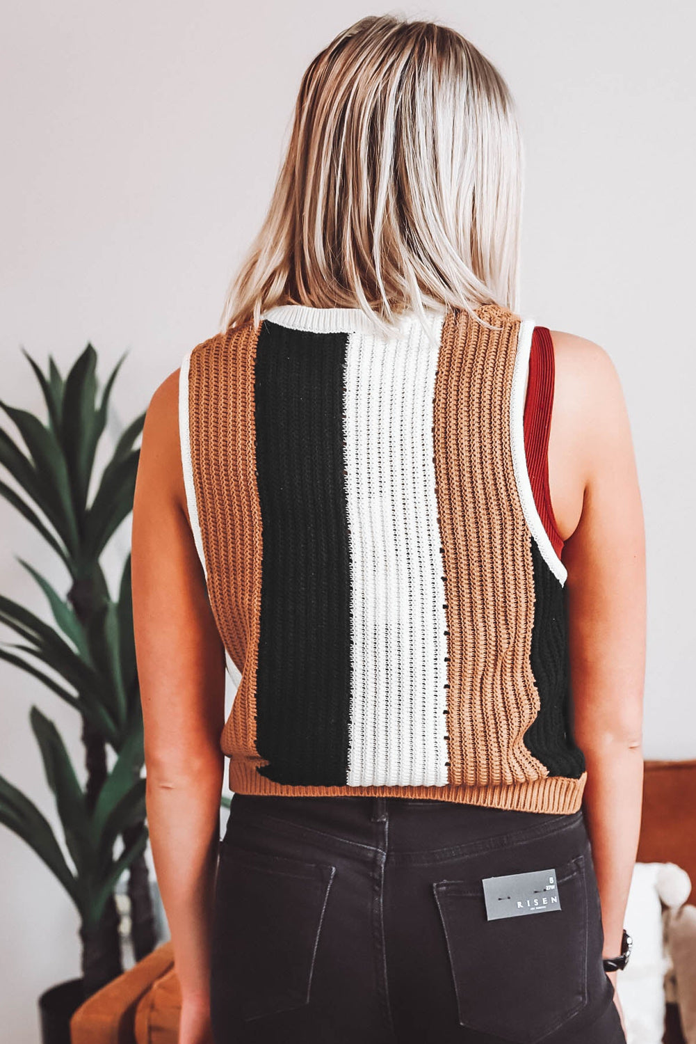 Khaki stripe color block ärmelloser strickpullover vest